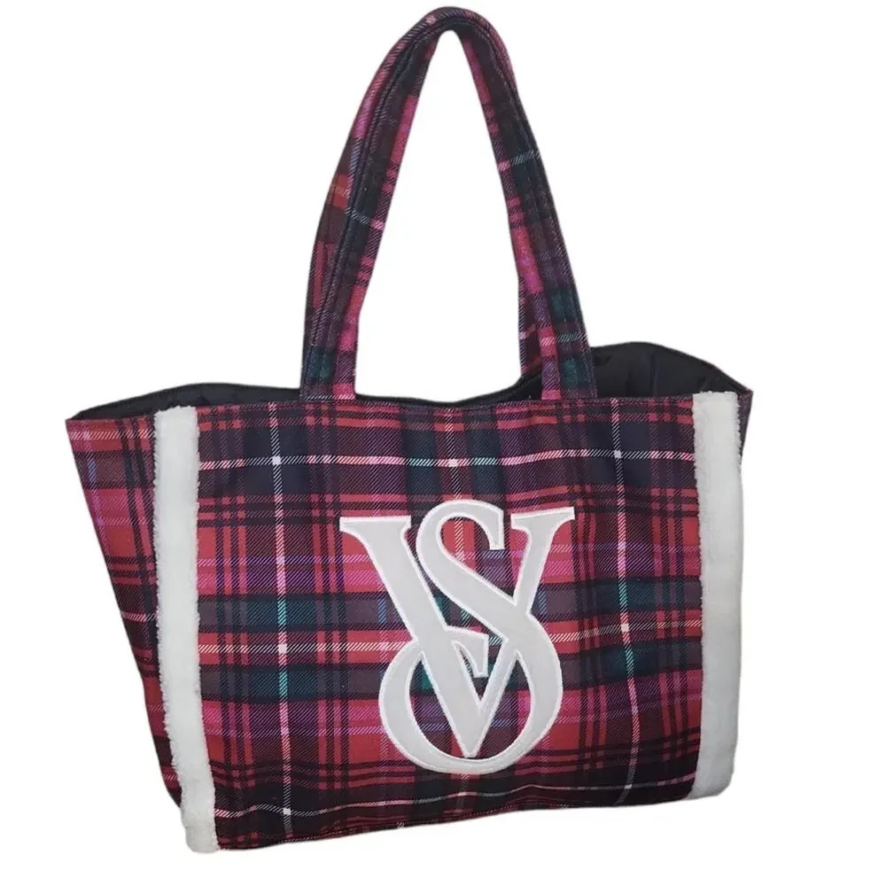 Victoria’s Secret VS Limited Edition 2022 Holiday Fleece Trim Plaid Tote…